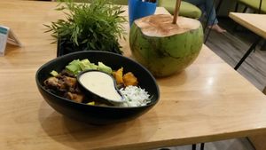 Rice bowl with beans Avocado and pumkin at Nourish Cafe in Yangon