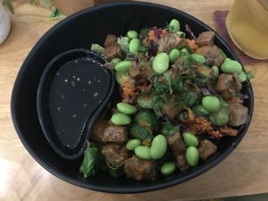 Sticky ginger tofu salad with edamame, cucumber and carrots at Nourish Cafe in Yangon
