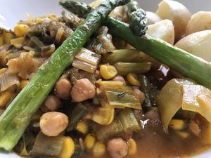 Spring veg casserole with asparagus and new potatoes at The Hextol Tans Coffee Shop and Vegetarian Cafe in Hexham