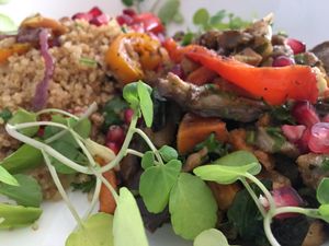 Cumin roasted aubergine butternut squash & celeriac with quinoa pomegranate salad at The Hextol Tans Coffee Shop and Vegetarian Cafe in Hexham
