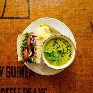Vegan soup & sandwich at Espresso Edge in Helsinki