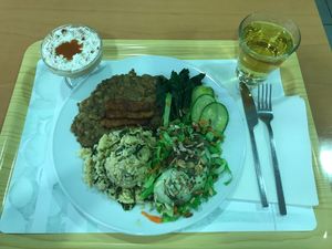 Burger, lentils, tempeh, greens with sunflower seeds, mint tea, and coconut mousse dessert. at Cozinha Consciente in Coimbra