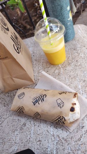 Burrito and smoothie, on the park bench on the square at Aloha Vegan Delights in Valencia