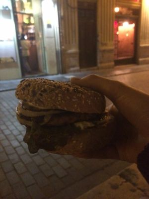 The Kawai-Burger, sorry for the bad picture - we chose to eat it outside. It was DELICIOUS! at Aloha Vegan Delights in Valencia