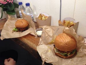 The divine burgers and fries at Aloha. at Aloha Vegan Delights in Valencia