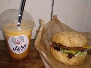 Liquado y vegan burger. at Aloha Vegan Delights in Valencia