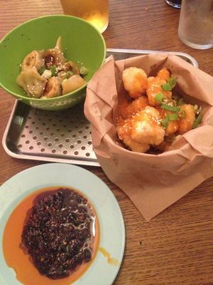 Fried dumplings and fried tofu with the gao chilli sauce in the plate. at GAO Dumpling Bar in Copenhagen