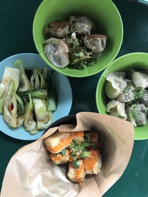 2 different kinds of dumplings and fried tofu plus bok choy with garlic  at GAO Dumpling Bar in Copenhagen