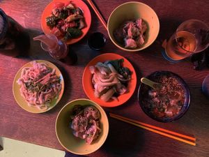 Noodles with roasted nut sauce (no fish sauce), Bok Choy,  Cucumber Salad, mushroom dumplings and veg noodle soup. at GAO Dumpling Bar in Copenhagen