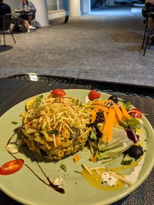 Vegan version of a trad. portuguese dish made of bass fish. I think it's based on Bacalhau à Brás? at Arvore do Mundo in Porto