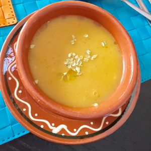 veggie soup with beet cubes  at Arvore do Mundo in Porto