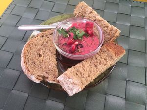 Beetroot hummus with homemade bread  at Arvore do Mundo in Porto