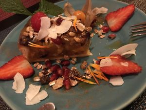 Peach and muesli pie at Arvore do Mundo in Porto