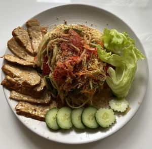 Papaya salad con tempeh   at Ama Vegan Kitchen in Chiang Mai