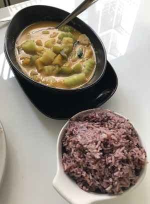 Red curry & rice - YUM  at Ama Vegan Kitchen in Chiang Mai