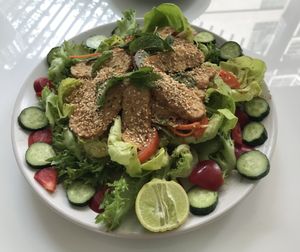 Delicious salad with tempeh and a little kick of curry in the dressing - YUM  at Ama Vegan Kitchen in Chiang Mai