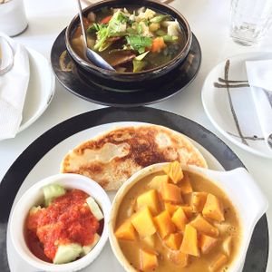 curry with roti, and spicy mushroom soup at Ama Vegan Kitchen in Chiang Mai