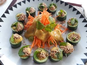 Raw cucumber with dressing at Ama Vegan Kitchen in Chiang Mai