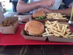 Chick n nuggets, Parma and spicy burger with shoe string fries at Lord of the Fries - Britomart in Auckland