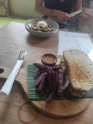 Tofu peanut stir fry and pulled jackfruit sandwich with satay sauce and sweet potato fries at The Banyan Tree in 