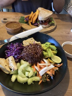 Buddha bowl type meal and Smokey jackfruit sandwich   at The Banyan Tree in 