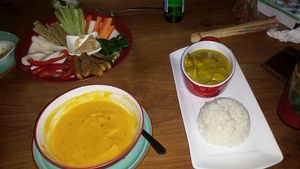Dip platter/pumpkin soup/coconut curry at The Banyan Tree in 