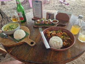 Coconut curry on the left, peanut tofu stir fry on the right (this is the best thing on the menu by far, we each had this twice out of our 3 meals!) at The Banyan Tree in 
