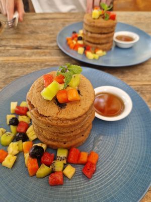 Blueberry pancakes for breakfast, so good!! at The Banyan Tree in 