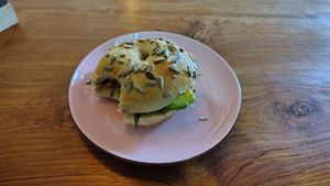Bagel with vegan feta and avocado at The Banyan Tree in 