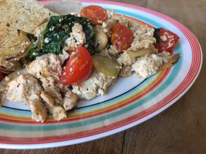 Tofu scramble with mushrooms, onions and tomatoes  at The Banyan Tree in 