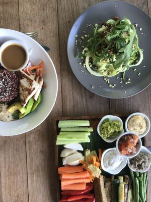 Buddha bowl, zoodles and dips platter at The Banyan Tree in 