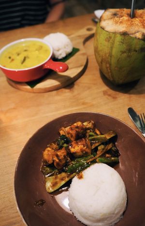 vegan tempeh curry and peanut tofu stir fry with rice at The Banyan Tree in 