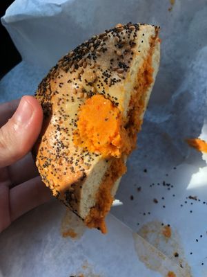 Everything bagel with hummus at Hudson Street Deli in Providence