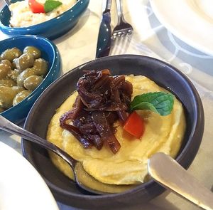 Fava with caramelized onion. New option of vegan meze in Windmill, 2021 at Windmill Restaurant in Paphos