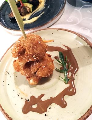 Cauliflower wings with vegan carob honey. Part of vegan meze in Windmill, 2021. at Windmill Restaurant in Paphos