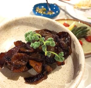Juicy mushrooms with eggplant. Part of vegan meze in Windmill, 2021. at Windmill Restaurant in Paphos