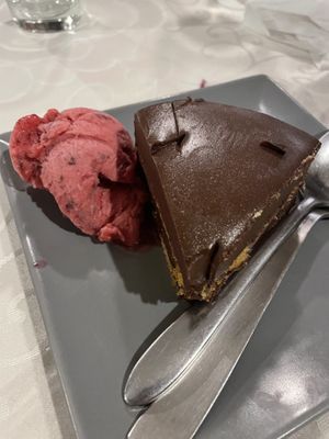 Chocolate cake with raspberry ice cream  at Windmill Restaurant in Paphos