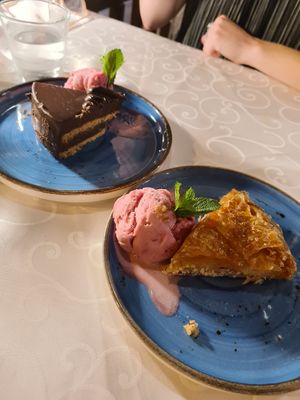 Baklava and chocolate cake with ice cream! at Windmill Restaurant in Paphos