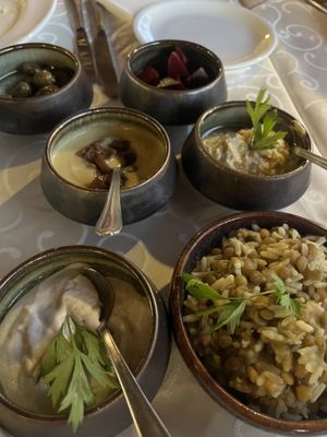 Tahini Hummus Fava Dip Olive Beet and Lentil Dish   at Windmill Restaurant in Paphos