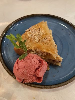 Vegan baklava with berry sorbet  at Windmill Restaurant in Paphos