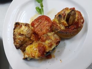 Stuffed mushrooms and aubergine saganaki. Availlable with vegan cheese too at Windmill Restaurant in Paphos