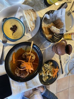 Fava,  garlic mushrooms and chick’n’wings  at Windmill Restaurant in Paphos