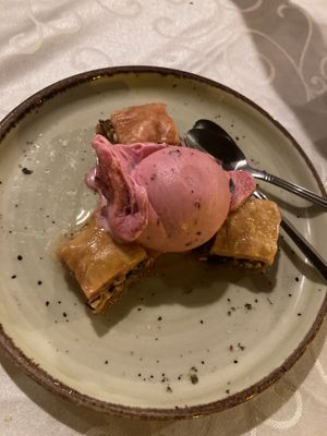 Baklava and raspberry sorbet  at Windmill Restaurant in Paphos