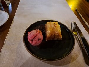 vegan (homemade) baklava with cherry sorbet at Windmill Restaurant in Paphos