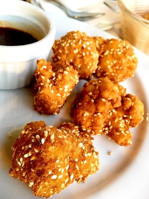 Chik'n'wings in breadcrumbs: deep fried cauliflower served with BBQ sauce at Windmill Restaurant in Paphos