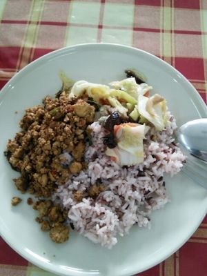 2 toppings with brown rice 30 baht at Kanya Vegetarian Food in Chiang Mai