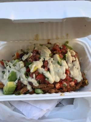 Tex Mex bowl with soy strips, black beans, avocado, pico de gallo and brown rice at SÜÜP Health Bar in Toronto