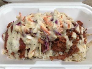 Smokehouse BBQ bowl with tangy pulled jackfruit and coleslaw on brown rice at SÜÜP Health Bar in Toronto