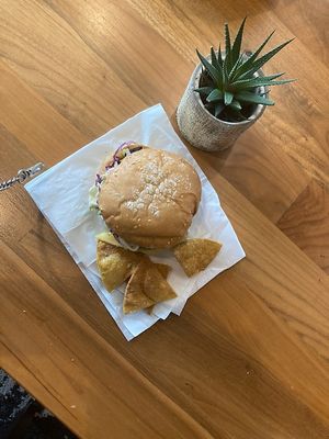 Vegan burger and chips  at BHeavenly - Food Trailer in Eugene