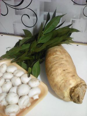 Laurel y champiñones frescos, arracacha, parecido a la papa pero un poco mas dulce, preparando un rico puré de arracachas, servido con milanesa de carne vegetal, o tortilla con champiñones at Giordano Restaurant Vegetariano in Lima